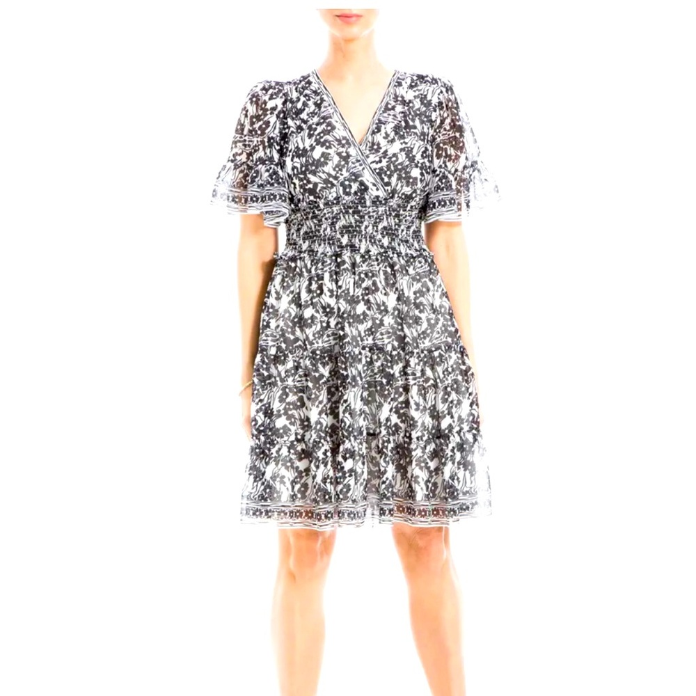 BNWT - Max Studio Georgette Ditsy Floral Print Tiered Dress, Ivory/Black, Size L